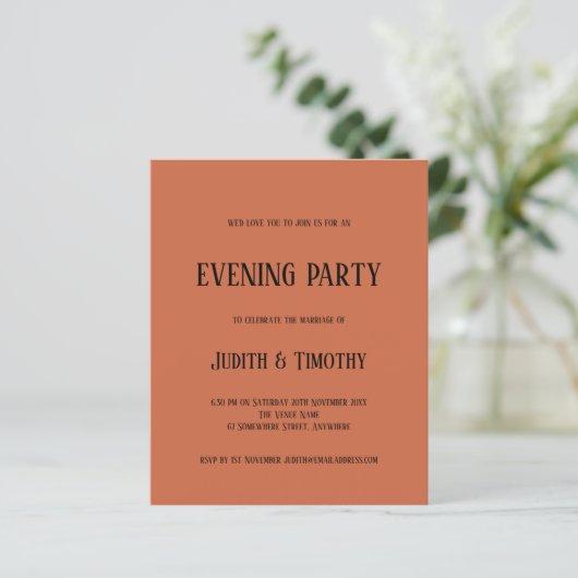 Budget Black Text Terracotta Evening Party nodigt (Staand voorkant)