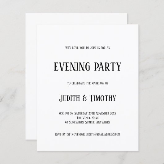 Budget Black Text White Evening Party nodigt uit (Voorkant / Achterkant)