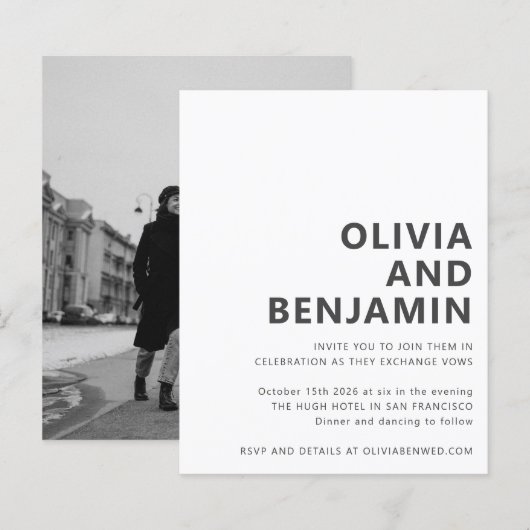 Budget Black White Bold Photo Weduwen Uitnodiging (Voorkant / Achterkant)