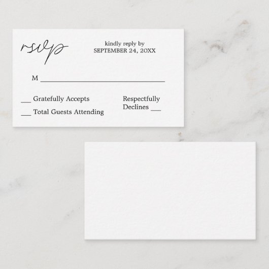 Budget Black & White Calligraphy 3 RSVP no Meal Informatiekaartje (Voorkant / Achterkant)