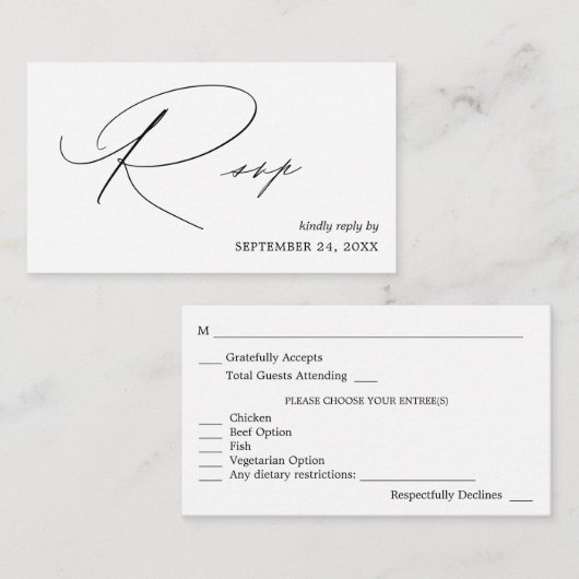 Budget Black & White Calligraphy 4 met Meal RSVP Informatiekaartje (Voorkant / Achterkant)