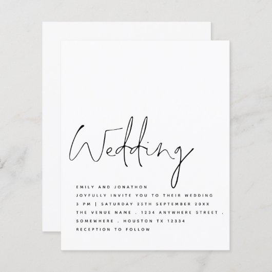 BUDGET Black White Elegant Script Weddenschap Invi (Voorkant / Achterkant)