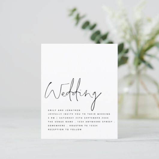 BUDGET Black White Elegant Script Weddenschap Invi (Staand voorkant)