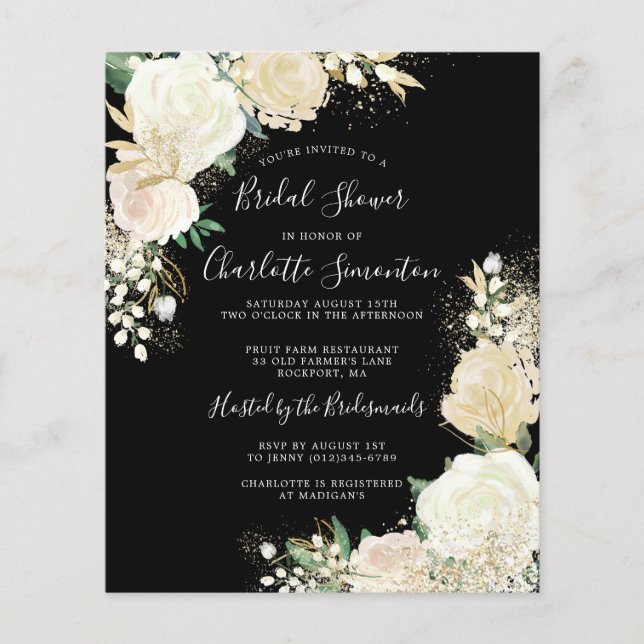Budget Black White Floral Bridal Shower (Voorkant)