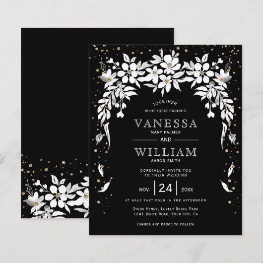 BUDGET Black, white floral bruiloft uitnodiging (Voorkant / Achterkant)