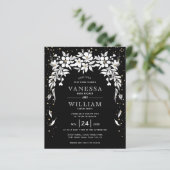 BUDGET Black, white floral bruiloft uitnodiging (Staand voorkant)