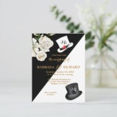 Budget Black & White Floral Wedding Kaart (Staand voorkant)