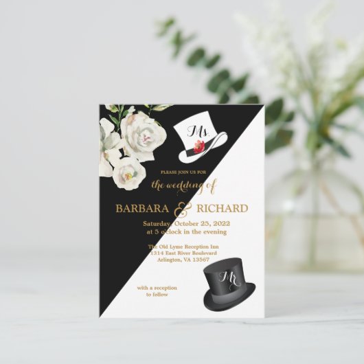 Budget Black & White Floral Wedding Kaart (Staand voorkant)