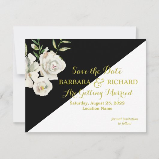 Budget Black & White Floral Wedding Save Date Kaart (Voorkant)