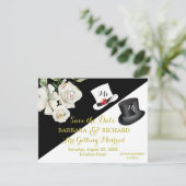 Budget Black & White Floral Wedding Save Date Kaart (Staand voorkant)