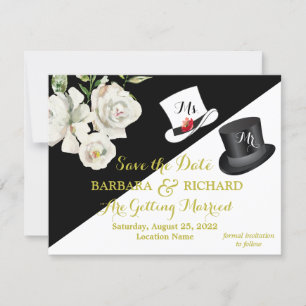 Budget Black & White Floral Wedding Save Date Kaart