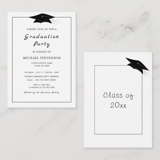 Budget Black White Graduation Party Invitation Pet Notitiekaartje (Voorkant / Achterkant)