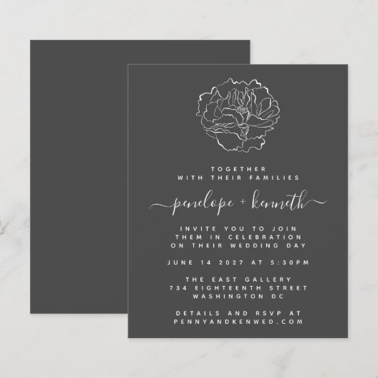 Budget Black White Minimal Floral Wedding Invite (Voorkant / Achterkant)