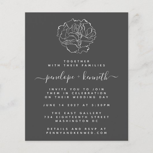Budget Black White Minimal Floral Wedding Invite (Voorkant)