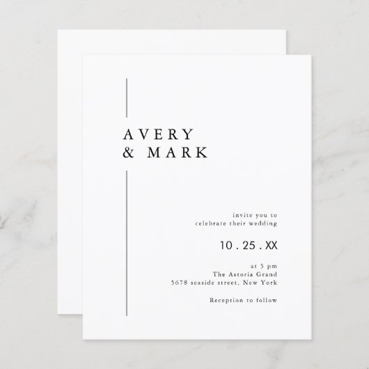 Budget Black White Minimalist Wedding Invitation (Voorkant / Achterkant)