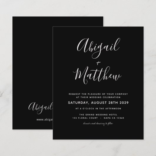 Budget Black White Minimalist Wedding Invitation (Voorkant / Achterkant)