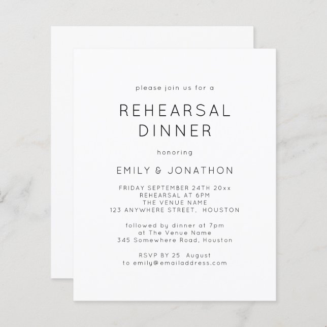 Budget Black White Rehearsal Dinner Wedding Invite (Voorkant / Achterkant)