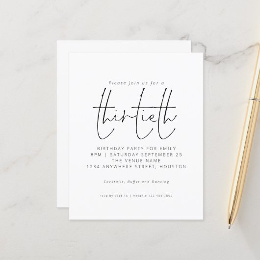 Budget Black White Script 30th Birthday Invitation (Voorkant / Achterkant in situ)