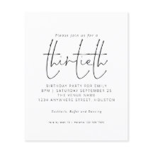 Budget Black White Script 30th Birthday Invitation