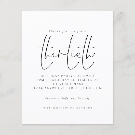 Budget Black White Script 30th Birthday Invitation (Voorkant)