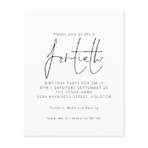 Budget Black White Script 40th Birthday Invitation