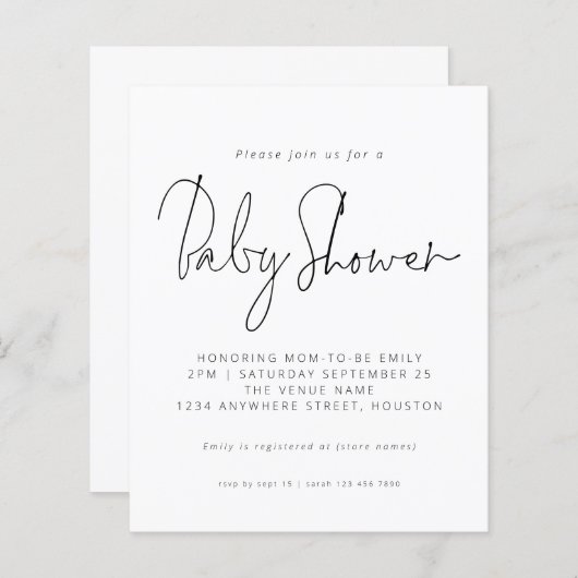 Budget Black White Script Baby shower Invitation (Voorkant / Achterkant)