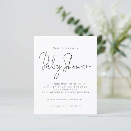 Budget Black White Script Baby shower Invitation (Staand voorkant)