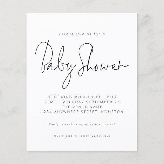 Budget Black White Script Baby shower Invitation (Voorkant)