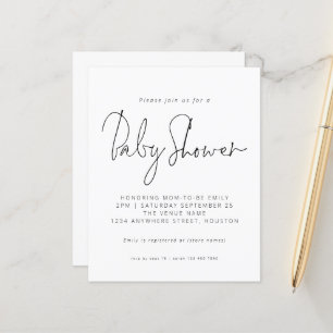 Budget Black White Script Baby shower Invitation