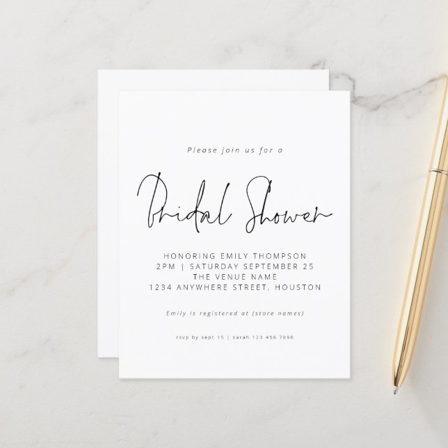 Budget Black White Script Bridal Shower-uitnodigin (Voorkant / Achterkant in situ)