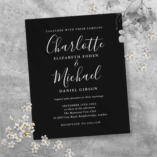 Budget Black White Script Wedding Invitation