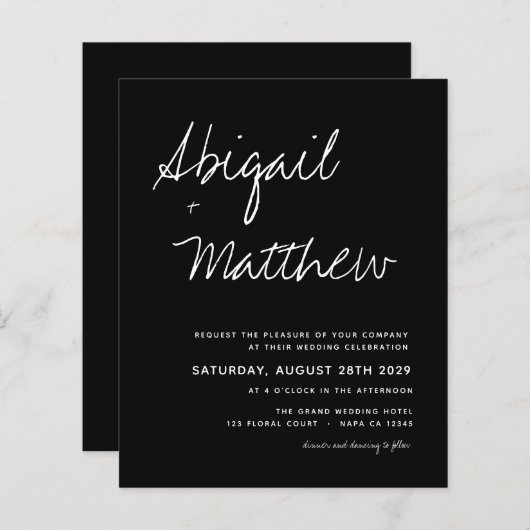 Budget Black White Simple Wedding Invitation (Voorkant / Achterkant)