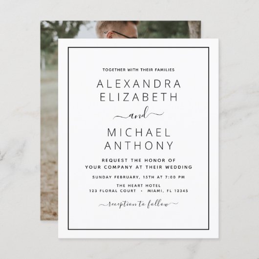 Budget Black White Wedding met Foto Uitnodiging (Voorkant / Achterkant)