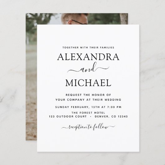 Budget Black White Wedding met Foto Uitnodiging (Voorkant / Achterkant)