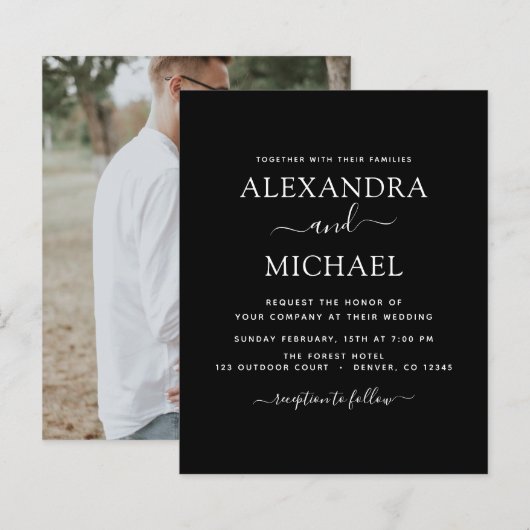 Budget Black White Wedding met Foto Uitnodiging (Voorkant / Achterkant)
