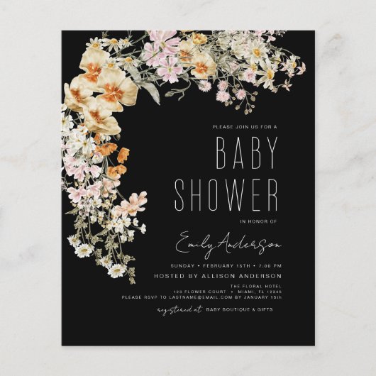 Budget Black Wildflower Boho Baby shower Flyer (Voorkant)