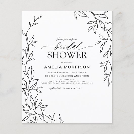 Budget Blad Zwart & Wit Bruids Douche Uitnodiging Flyer (Voorkant)