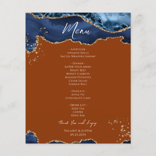 Budget Blau Oranje Agate Trouwmenu Flyer (Voorkant)
