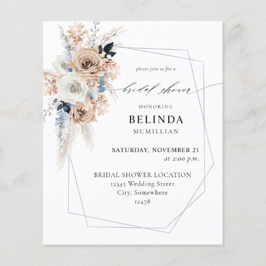 Budget Blauw & Beige Boho Bloemige Bruidsmeisjeshu Flyer (Voorkant)