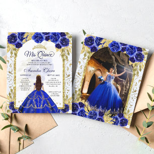Budget Blauw Bloemen Prinses Goud Quinceanera Foto