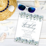 Budget Blauw Bloemen Zoet 16 Verjaardag Uitnodigin<br><div class="desc">Stoffelijk blauw bloempje creëer boven- en onderrand op deze elegante verjaardagsuitnodiging. Klassieke scriptkalligrafie voegt een mooie touch toe. Dit item is een onderdeel van het Dusty Blue floral collectie.</div>