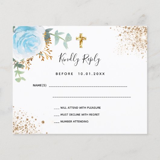 Budget blauw bloemmotief eucalyptus doop RSVP (Voorkant)