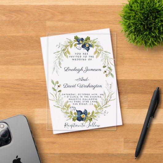 Budget blauw bloemstuk bruiloft uitnodiging (Insitu (Uitnodiging))