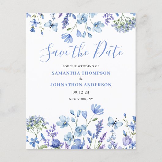 Budget Blauw Bloemstuk Save The Date (Voorkant)