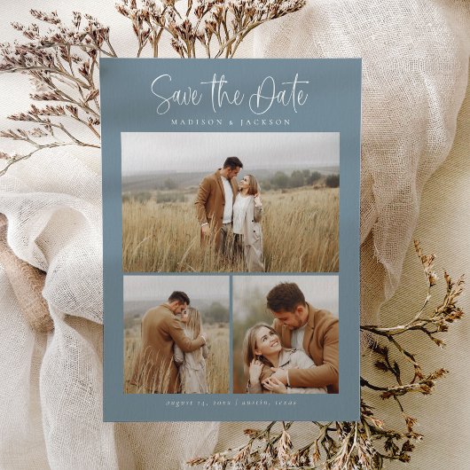 Budget Blauw Eenvoudige Kalligrafie Script Foto Save The Date