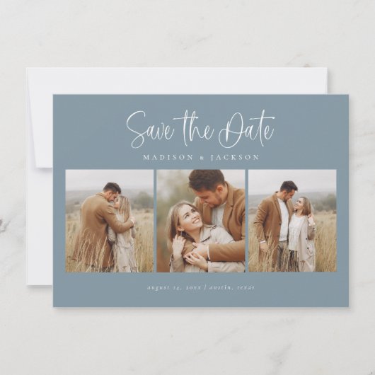 Budget Blauw Eenvoudige Kalligrafie Script Vier Fo Save The Date (Voorkant)