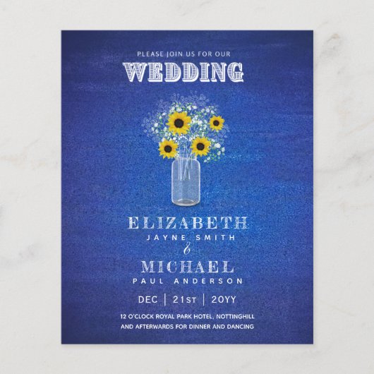 BUDGET Blauw Gele Zonnebloemen Trouw Uitnodiging (Voorkant)