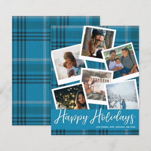 Budget Blauw Geruit Multi Foto Prettig Kerstfeest (Voorkant / Achterkant)