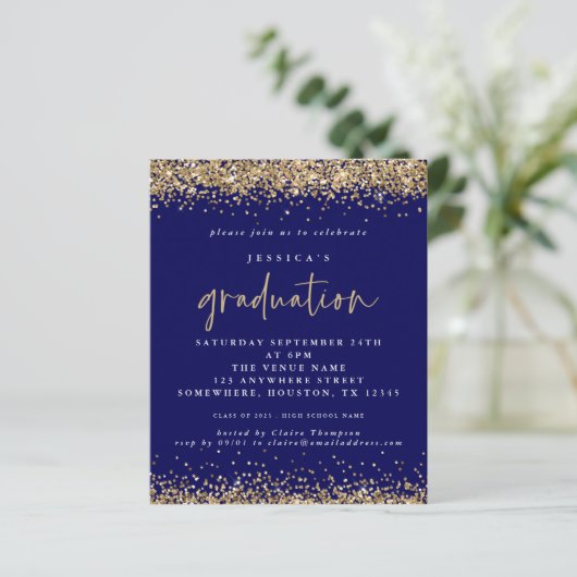 Budget Blauw Goud Glitter 2024 Afstuderen Invite (Staand voorkant)