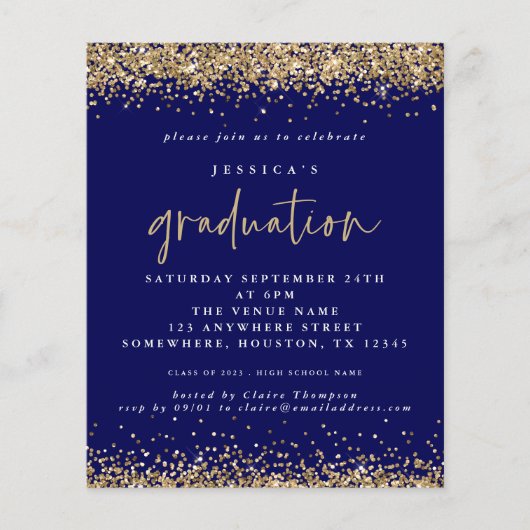 Budget Blauw Goud Glitter 2024 Afstuderen Invite (Voorkant)